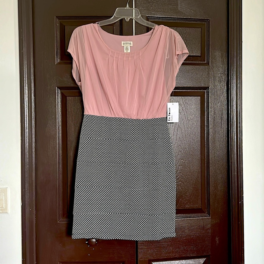 Cocktail dress size 14P pink with. Lack and white bottom